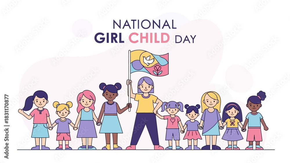 Fototapeta premium Celebrate National Girl Child Day with diverse girls holding hands for unity and empowerment, promoting diversity and equality in educational and social campaigns, inspiring futures