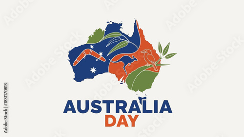 Celebrate Australia Day with this vibrant map featuring iconic symbols like the kangaroo, kookaburra, and boomerang, perfect for national pride and festive campaigns