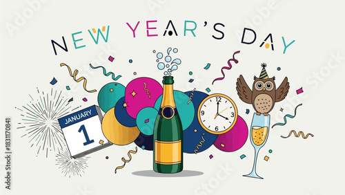 Celebrate New Year's Day with festive party elements, champagne, and an adorable owl in a party hat, perfect for holiday greetings and exciting celebration designs