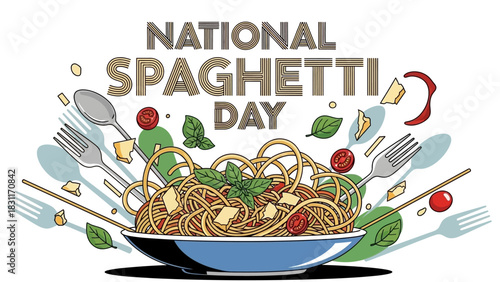 Celebrate National Spaghetti Day with a delicious bowl of pasta, featuring fresh basil, ripe tomatoes, and grated cheese, perfect for food bloggers and restaurant promotions