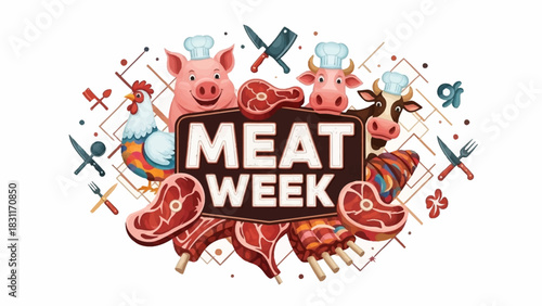 Celebrate Meat Week with this vibrant illustration featuring happy farm animals and delicious cuts of steak, perfect for butcher shops, restaurants, and food festivals