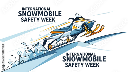 Promote winter safety with vibrant snowmobile illustration for International Snowmobile Safety Week events and campaigns, highlighting responsible riding and awareness