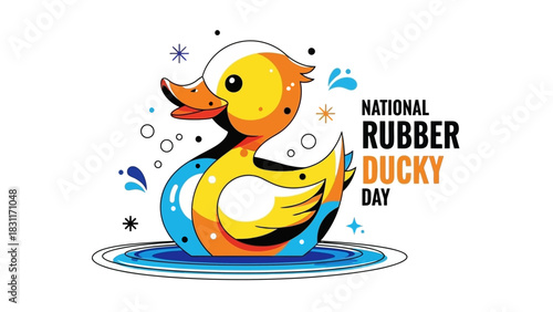 Celebrate National Rubber Ducky Day with this vibrant cartoon illustration perfect for social media campaigns and playful designs, bring joy with this cheerful ducky art