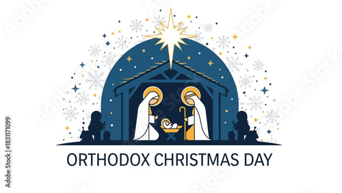 Celebrate the joy of Orthodox Christmas Day with this beautiful Nativity scene illustration conveying peace and serenity during the festive winter season, perfect for greeting cards