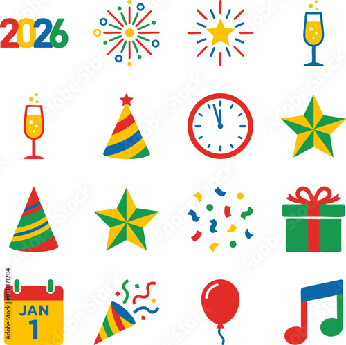 Festive New Year's Eve Celebration Icon Collection