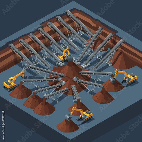 Isometric illustration of a mine with excavators and conveyor belts.
