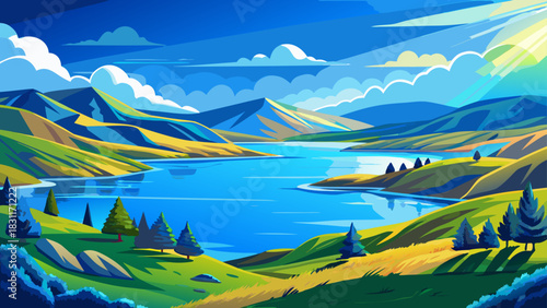 Very beautiful shimmering blue waters of Angostura Reservoir meet sunny shorelines, rolling hills, and peaceful skies, forming a warm, inviting summer scene ideal for outdoor recreation and travel the