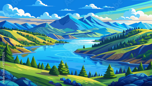 Very beautiful shimmering blue waters of Angostura Reservoir meet sunny shorelines, rolling hills, and peaceful skies, forming a warm, inviting summer scene ideal for outdoor recreation and travel the