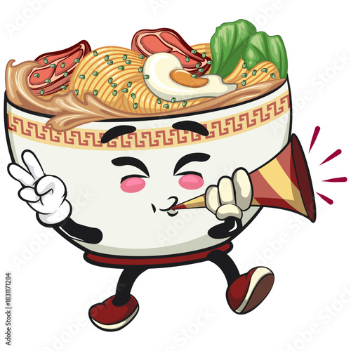 cute ramen noodle bowl mascot blow the party horn trumpet, kawaii asian food cartoon vector illustration, work of hand drawn