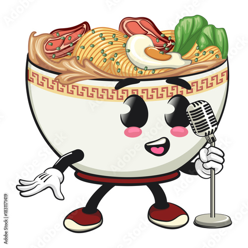 cute ramen noodle bowl mascot on front of the mic, kawaii asian food cartoon vector illustration, work of hand drawn