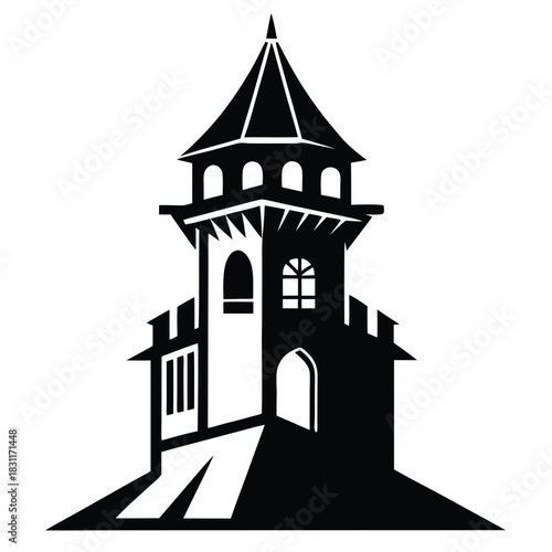 Black silhouette showcases tall castle tower with pointed roof, solid base supports