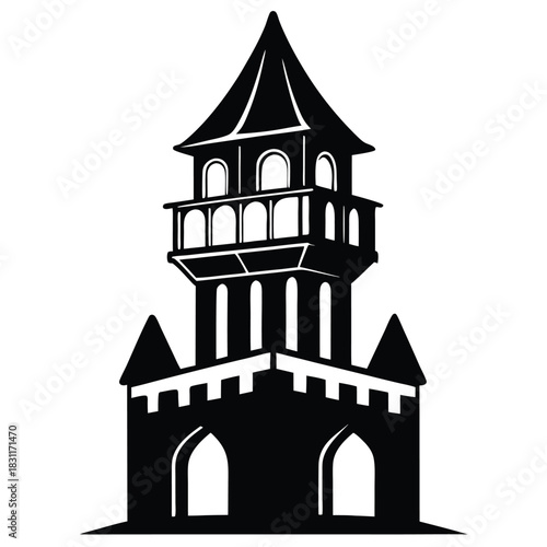 A striking silhouette portrays an elegant medieval castle tower with arched entrances and unique architecture