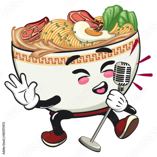 cute ramen noodle bowl mascot sing with maximum style, kawaii asian food cartoon vector illustration, work of hand drawn