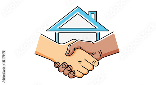 Handshake representing partnership with house illustration, cooperation and trust symbolized by handshake and home graphic. This image embodies house buying collaboration for real estate projects.