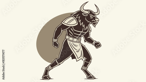 Powerful minotaur character in dynamic pose with strong muscles and detailed features. Minotaur exudes strength and determination as it approaches
