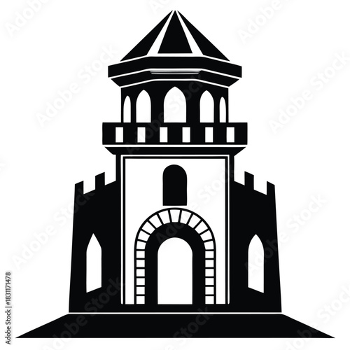 A black and white fortress silhouette with arched doorway stands against a white background