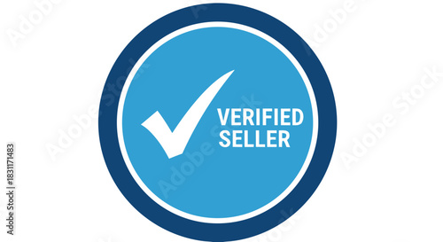 Verified seller badge with blue circular design and checkmark symbol. Verified seller concept emphasizes trust and security in online transactions.