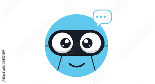 Chatbot face illustration featuring a friendly blue character with large expressive eyes and a talking bubble symbolizing interaction.