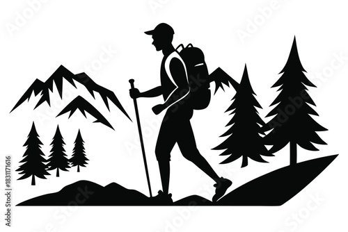 Silhouetted hiker with backpack uses walking stick amidst trees and mountain ranges during outdoor adventure