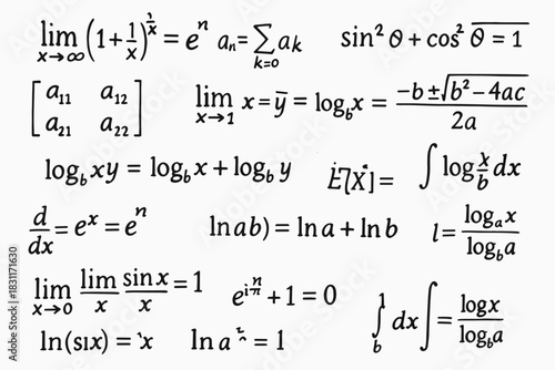 A board with lecture notes on mathematical analysis (most likely, 1st year, topics: “limits, logarithms, derivatives, integrals”).
