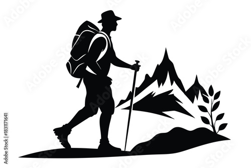Silhouette depicts a man hiking with a backpack and trekking pole near mountain peaks
