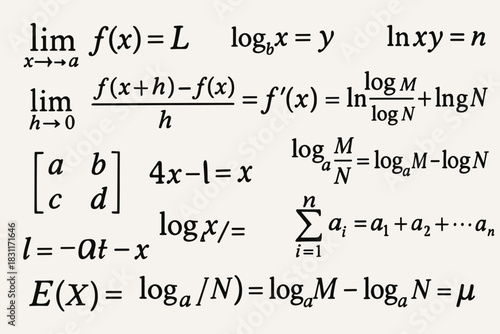 a densely filled page with numerous mathematical formulas written by hand. The formulas belong to various sections of mathematics.