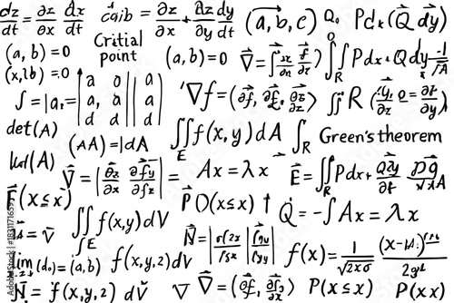A board (or sheet) with notes written rather chaotically from a lecture on vector analysis and mathematical physics