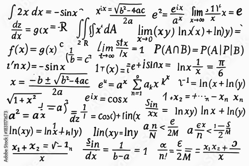 a densely filled page with numerous mathematical formulas written by hand. The formulas belong to various sections of mathematics.