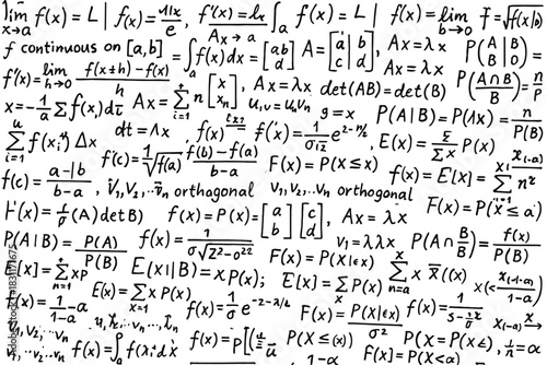 a densely filled page with numerous mathematical formulas written by hand. The formulas belong to various sections of mathematics.