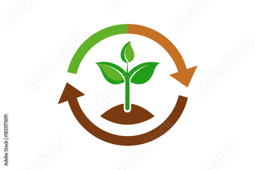 Green plant growing in soil with circular arrows indicating growth cycle