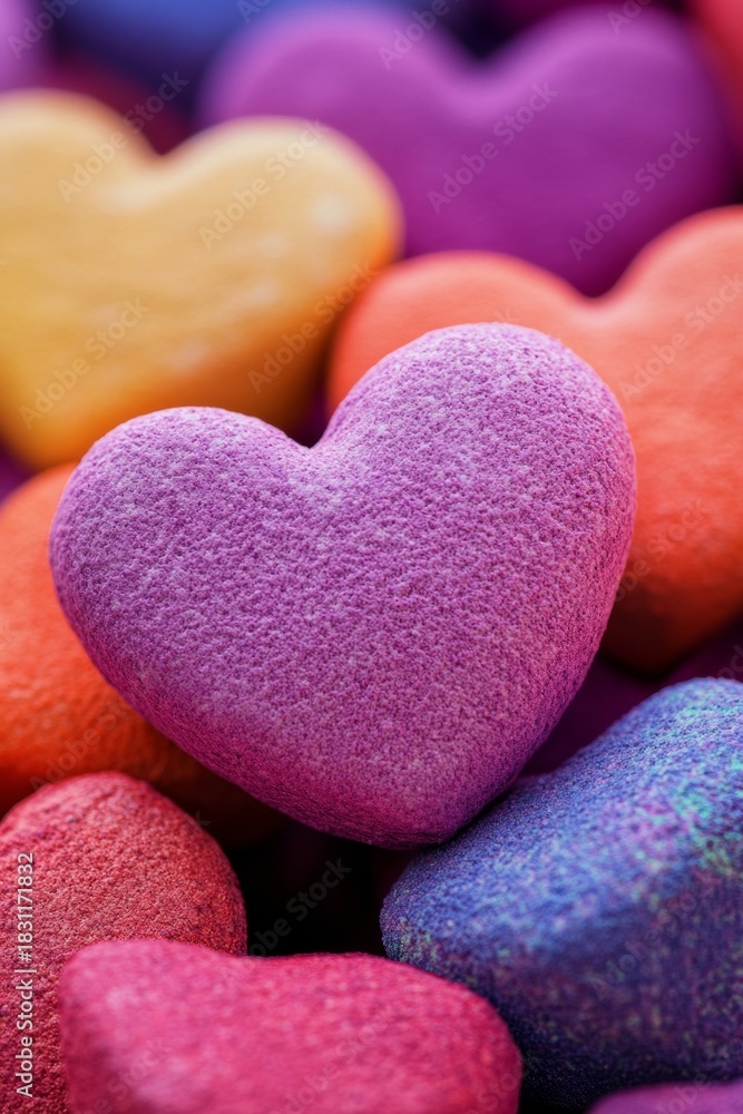 Obraz premium Vibrant heart-shaped candy coated in colorful glitter against a white backdrop.