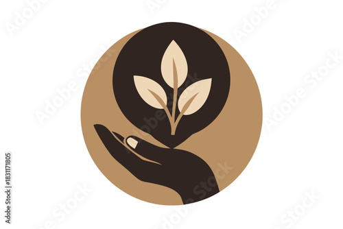Hand holding a growing plant seedling in a circle emblem