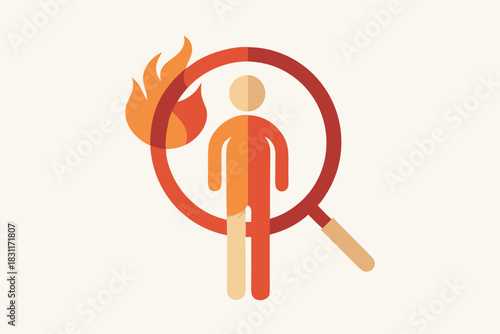 Magnifying glass over a person with a flame symbol representing risk or danger