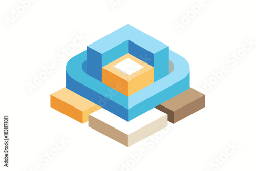 Abstract geometric isometric structure with layered blocks and cube