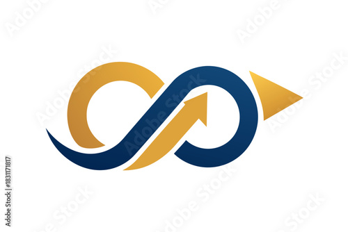 Infinity symbol with arrow and upward trend in gold and blue
