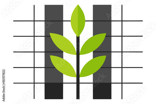 Green plant growing through grid and vertical bars