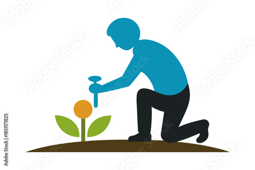 Gardener kneeling and planting a flower with a tool