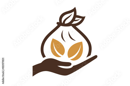 Hand holding bag of seeds with leaves symbolizing growth and agriculture