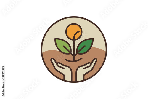 Hands holding a growing plant with a sun above in a circle logo