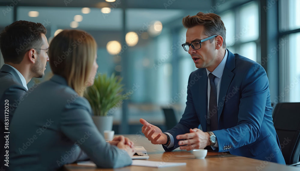 Obraz premium Business tech consultant explains digital assets protection strategy to new clients in modern office setting. Expert advises small business owners on cyber security trends, data privacy.