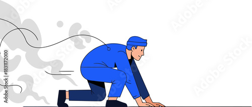 A blue worker crawls under smoke, conveying urgency and evasion. Dynamic illustration with a modern, minimalist style. Suitable for conveying stress or danger.
