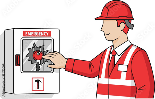 Construction worker activates emergency system. Bold graphic illustration with a clear, action-oriented design. Ideal for safety and emergency communication visuals.
