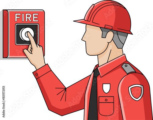 A construction worker activates a fire alarm, emphasizing safety and emergency response. Clear, graphic illustration with a bold design. Suitable for informational graphics.