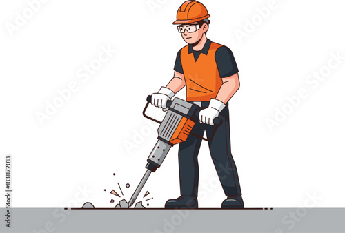 A construction worker breaks up old pavement with a jackhammer. Dynamic action shot, showcasing strength and repair work. Bold colors and clear composition.