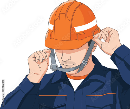A construction worker carefully puts on an orange hard hat. Bold text reads 'Wear Hard Hat'.  Clear, bright illustration. Professional, safety focused.