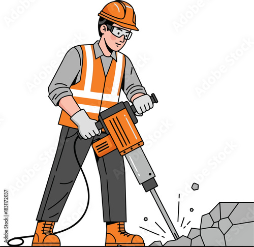 A construction worker breaks up old pavement with a jackhammer. Focused action shot, highlighting safety gear and the demolition process. Bold colors and dynamic composition.