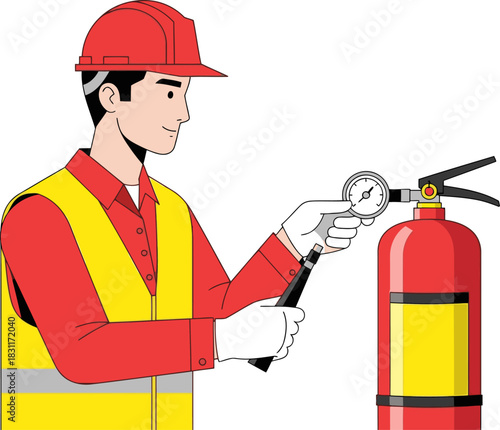 A construction worker checks a fire extinguisher, demonstrating safety protocol. Clear, bright illustration with a professional feel. Ideal for workplace safety visuals.