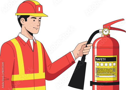 A construction worker checks the gauge on a fire extinguisher, demonstrating safety protocol. Clear, bright illustration for commercial use.
