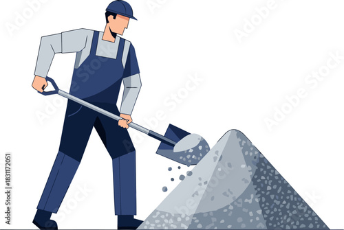 A construction worker clears debris from a pile of gravel. Clean, modern illustration with a focus on site preparation and a professional workspace. Clear composition and bright colors.