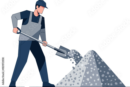 A construction worker clears debris from a site with a shovel. Clean, graphic illustration. Focus on the action and clear composition.